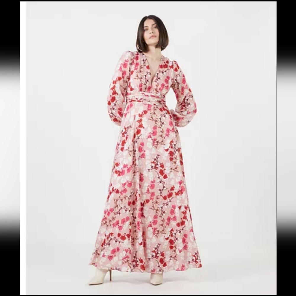 BCBGMAXAZRIA Floral Metallic Thread Maxi Dress Size 12 | $458 Retail - Picture 3 of 13